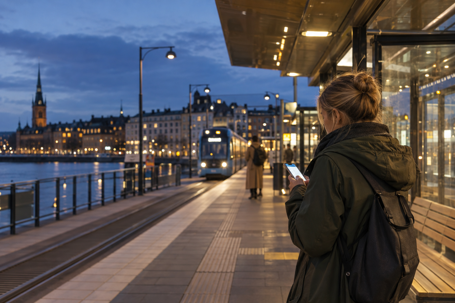 Person som använder telefon vid en upplyst hållplats på kvällen